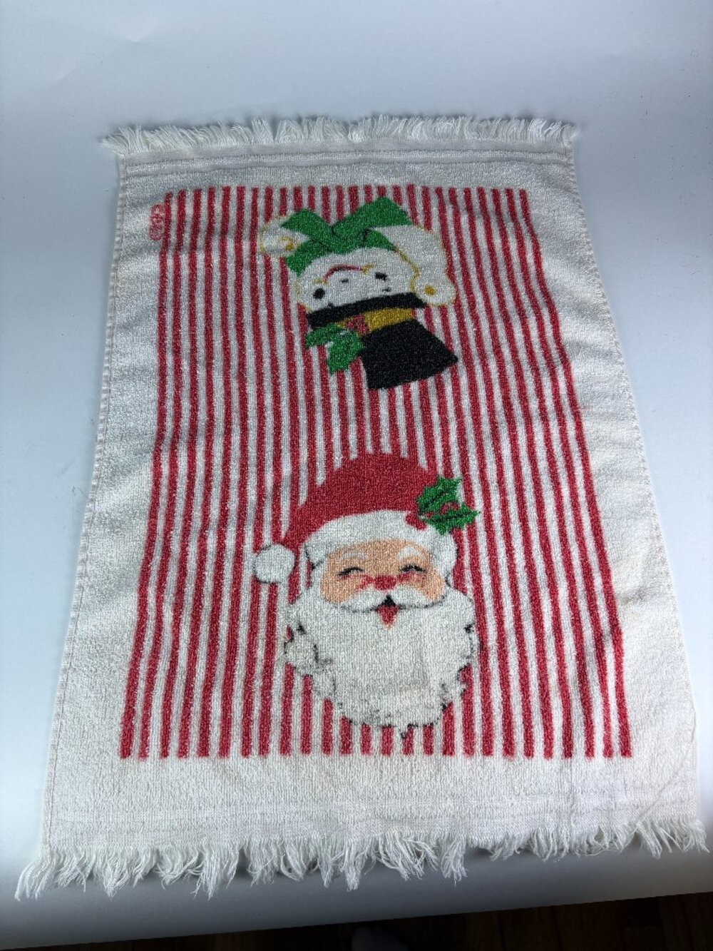 Christmas Hand Towel with Santa and Snowman, Red White Striped Terry Cloth, Frin